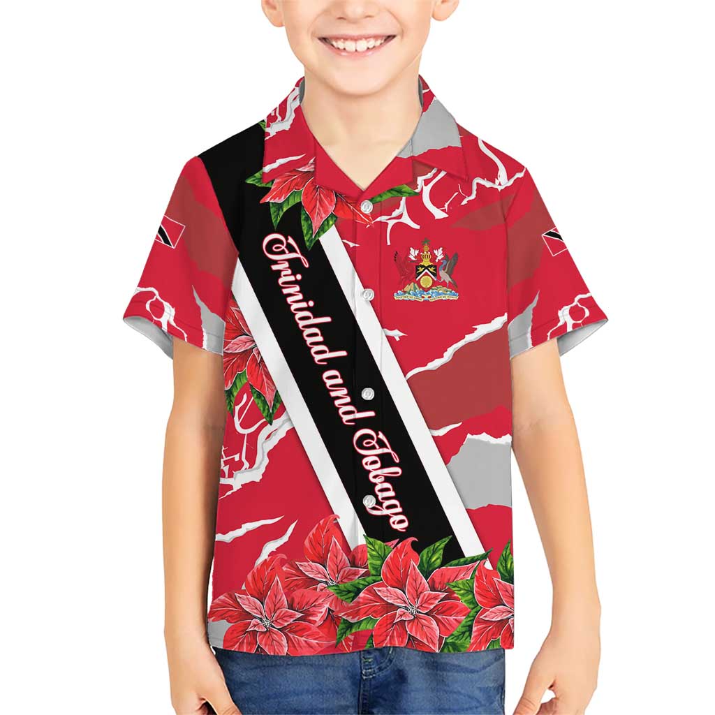Trinidad and Tobago Red Poinsettia Hawaiian Shirt with National Crest and Diagonal Flag Sash Design - Wonder Print Shop