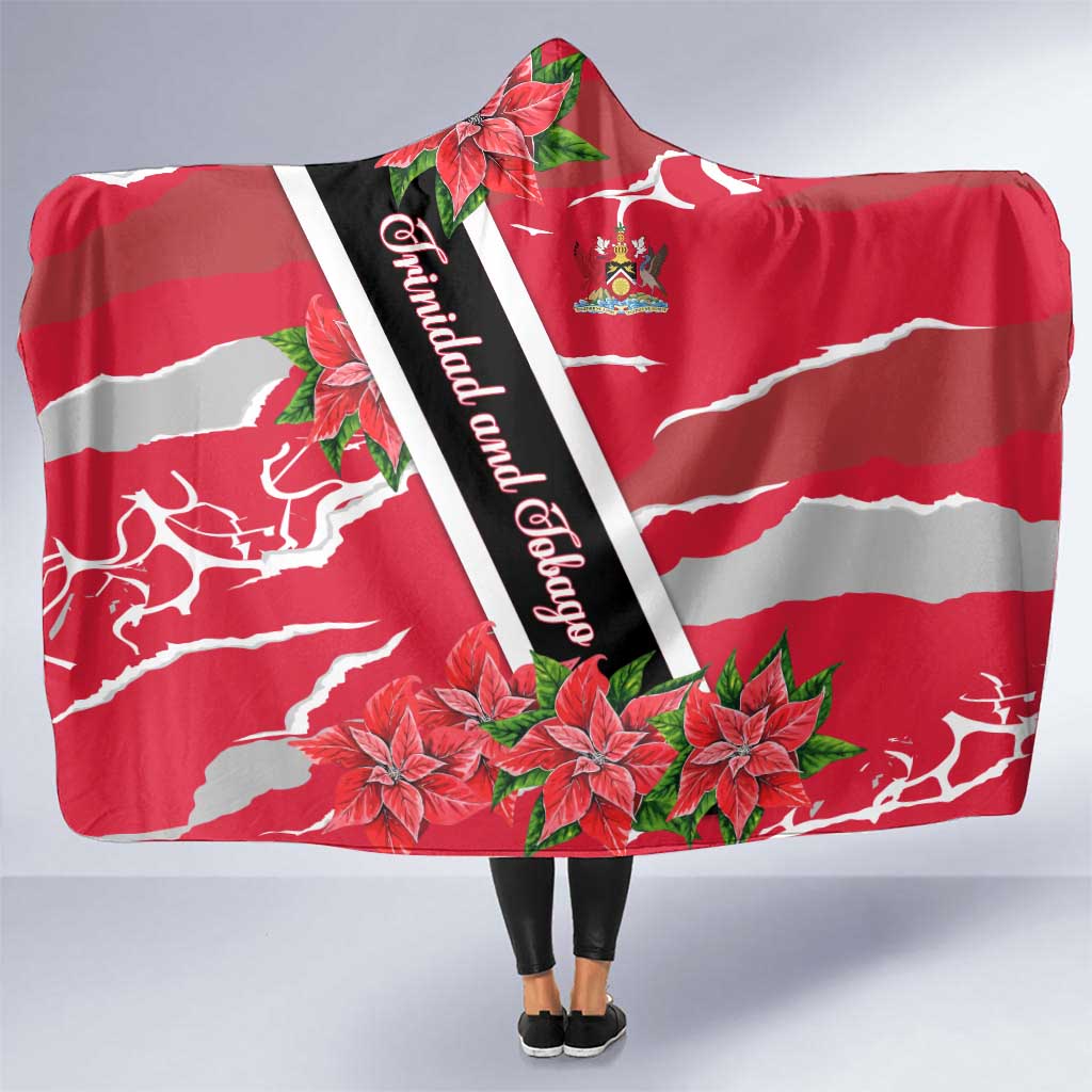 Trinidad and Tobago Red Poinsettia Hooded Blanket with National Crest and Diagonal Flag Sash Design - Wonder Print Shop