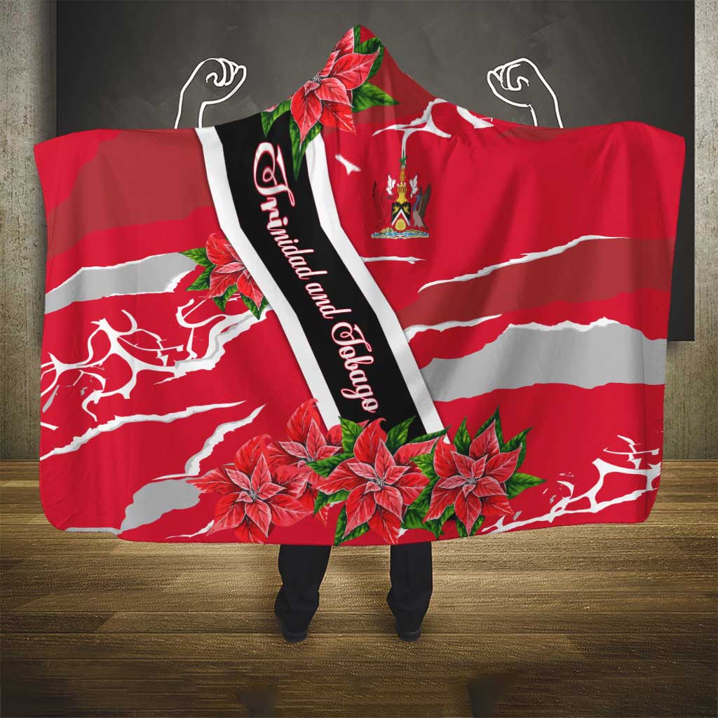 Trinidad and Tobago Red Poinsettia Hooded Blanket with National Crest and Diagonal Flag Sash Design - Wonder Print Shop