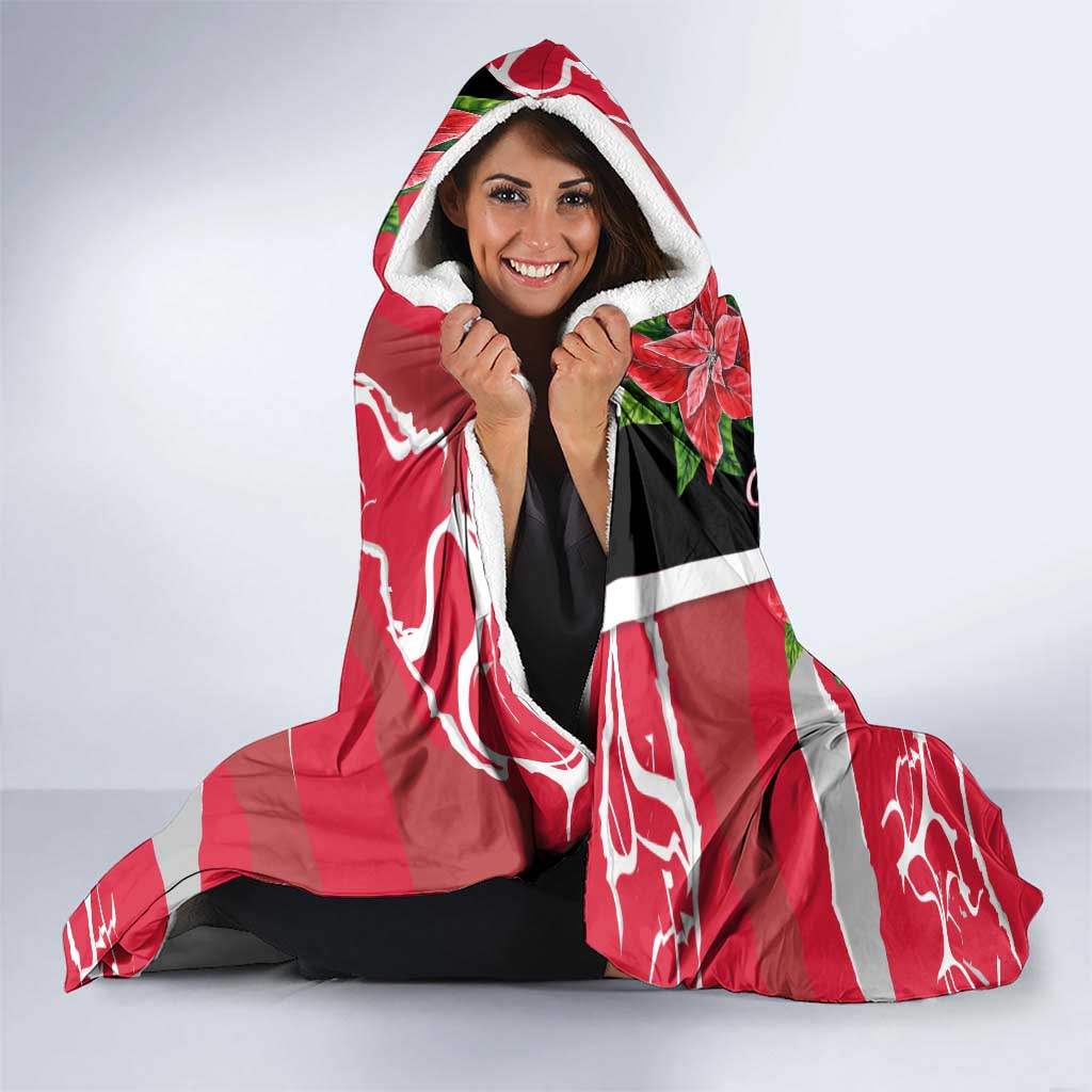 Trinidad and Tobago Red Poinsettia Hooded Blanket with National Crest and Diagonal Flag Sash Design - Wonder Print Shop