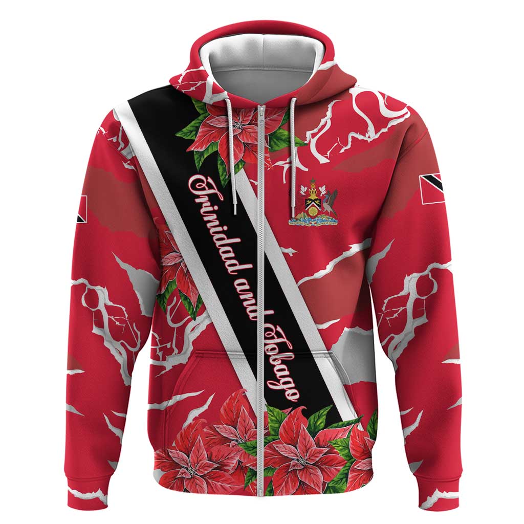 Trinidad and Tobago Red Poinsettia Hoodie with National Crest and Diagonal Flag Sash Design - Wonder Print Shop