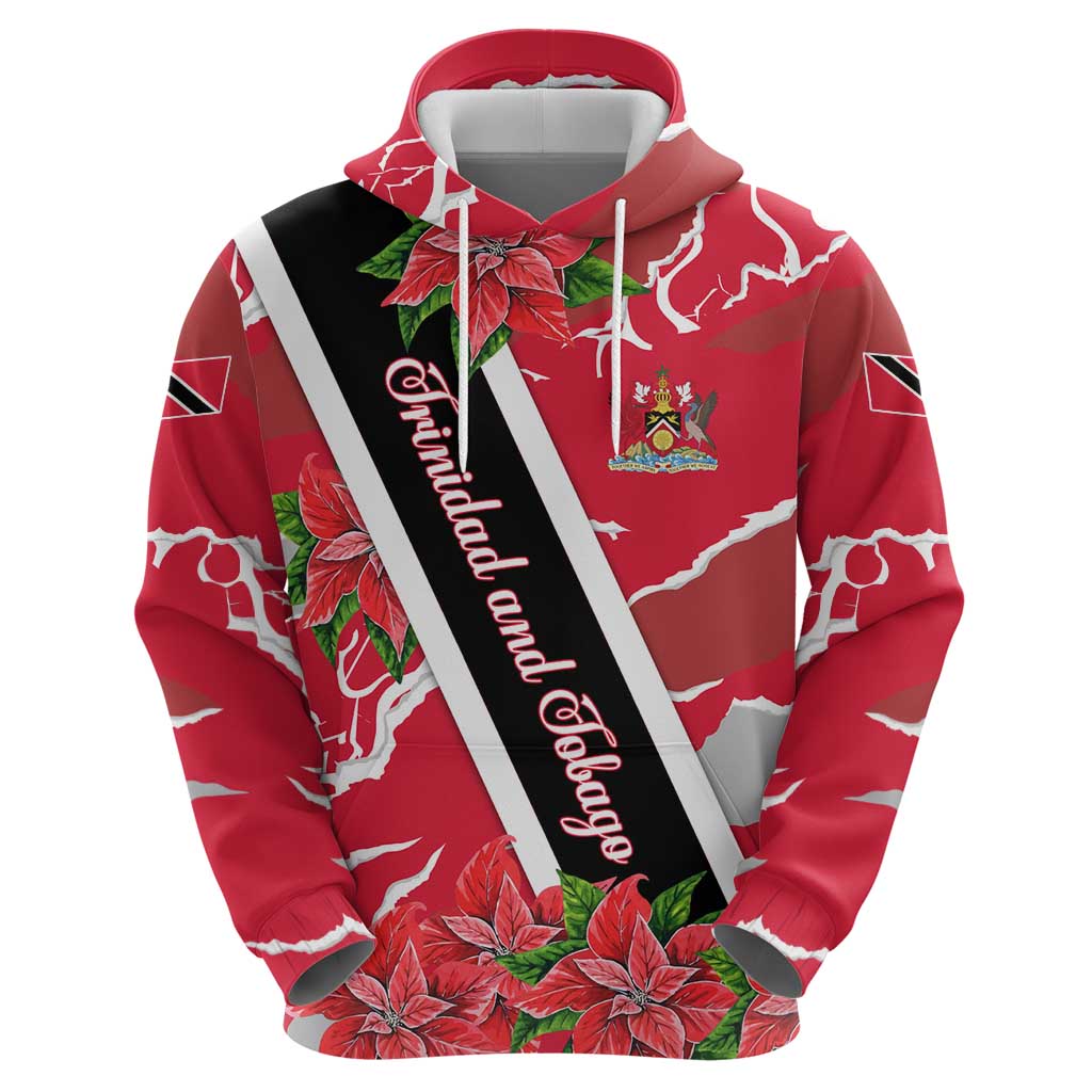 Trinidad and Tobago Red Poinsettia Hoodie with National Crest and Diagonal Flag Sash Design - Wonder Print Shop