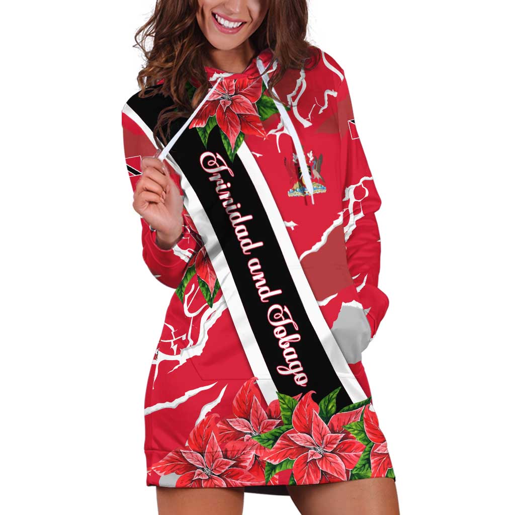 Trinidad and Tobago Red Poinsettia Hoodie Dress with National Crest and Diagonal Flag Sash Design - Wonder Print Shop