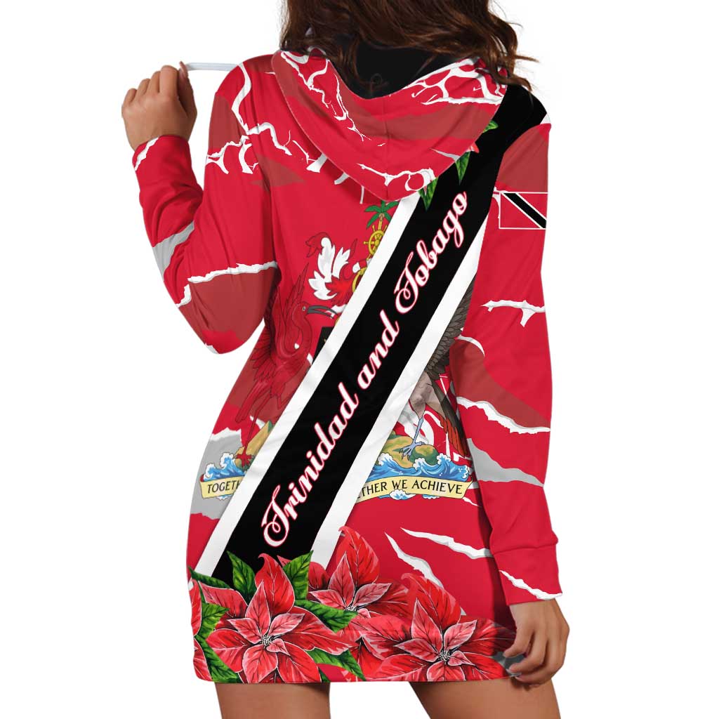 Trinidad and Tobago Red Poinsettia Hoodie Dress with National Crest and Diagonal Flag Sash Design - Wonder Print Shop