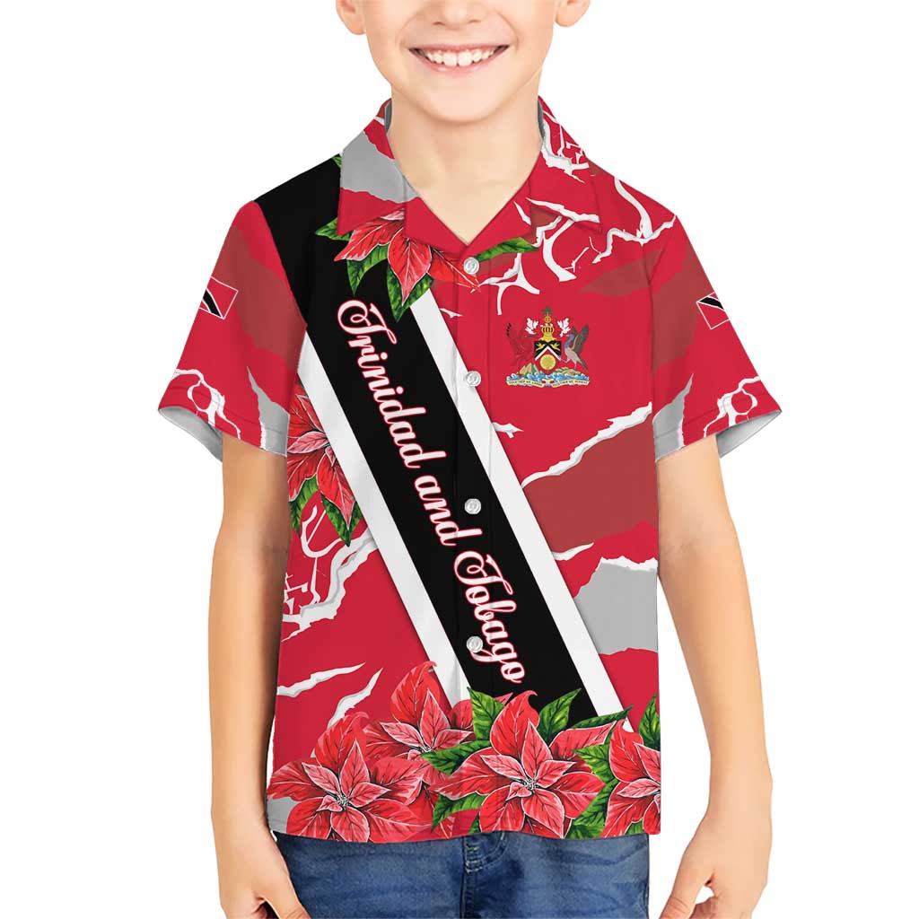 Trinidad and Tobago Red Poinsettia Kid Hawaiian Shirt with National Crest and Diagonal Flag Sash Design - Wonder Print Shop