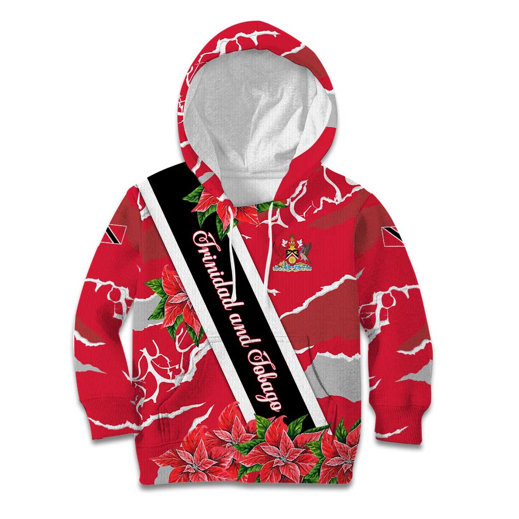 Trinidad and Tobago Red Poinsettia Kid Hoodie with National Crest and Diagonal Flag Sash Design - Wonder Print Shop