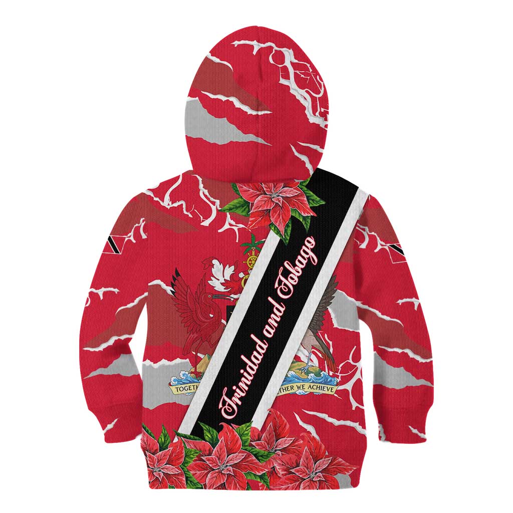 Trinidad and Tobago Red Poinsettia Kid Hoodie with National Crest and Diagonal Flag Sash Design - Wonder Print Shop