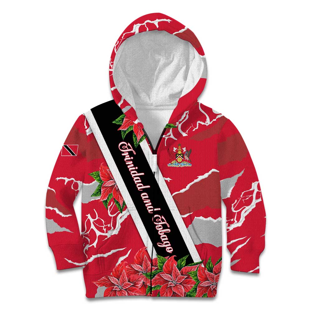Trinidad and Tobago Red Poinsettia Kid Hoodie with National Crest and Diagonal Flag Sash Design - Wonder Print Shop