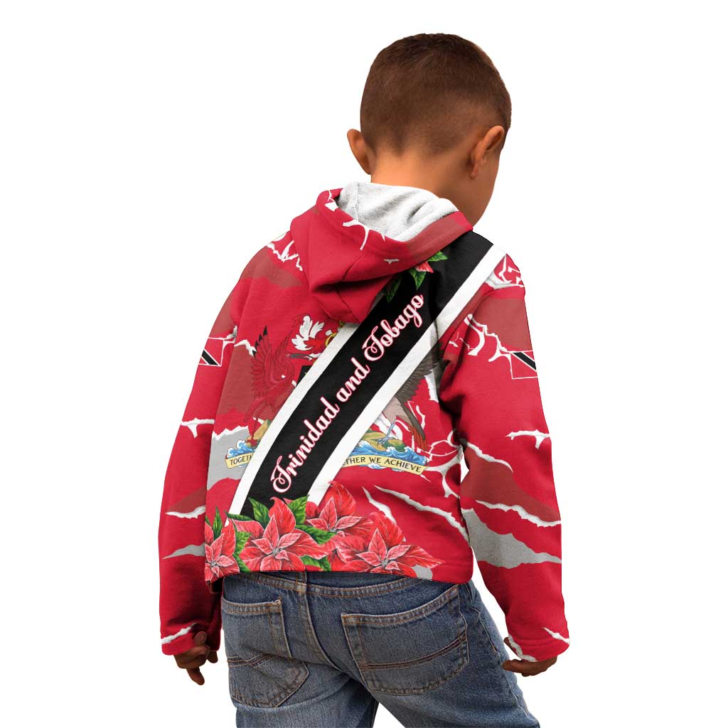 Trinidad and Tobago Red Poinsettia Kid Hoodie with National Crest and Diagonal Flag Sash Design - Wonder Print Shop
