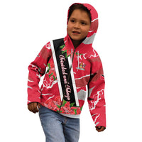 Trinidad and Tobago Red Poinsettia Kid Hoodie with National Crest and Diagonal Flag Sash Design - Wonder Print Shop