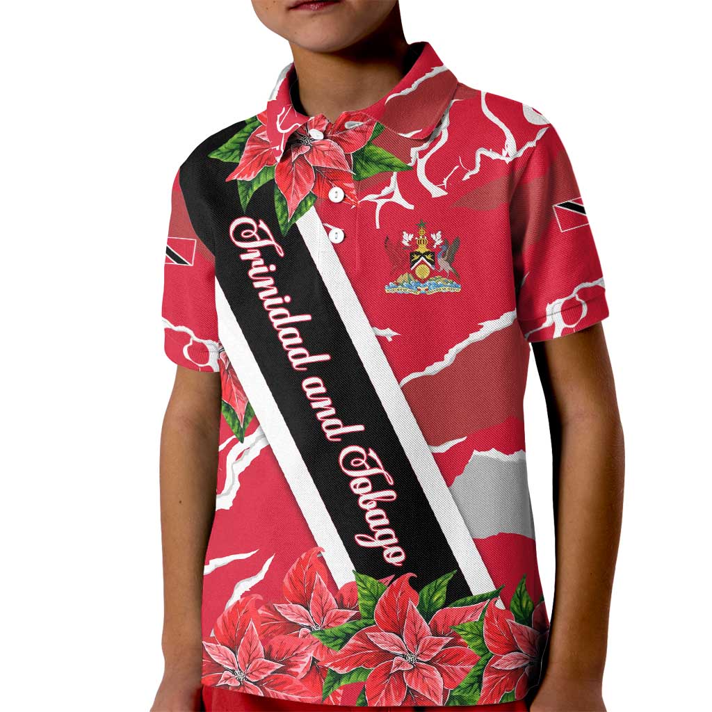 Trinidad and Tobago Red Poinsettia Kid Polo Shirt with National Crest and Diagonal Flag Sash Design - Wonder Print Shop