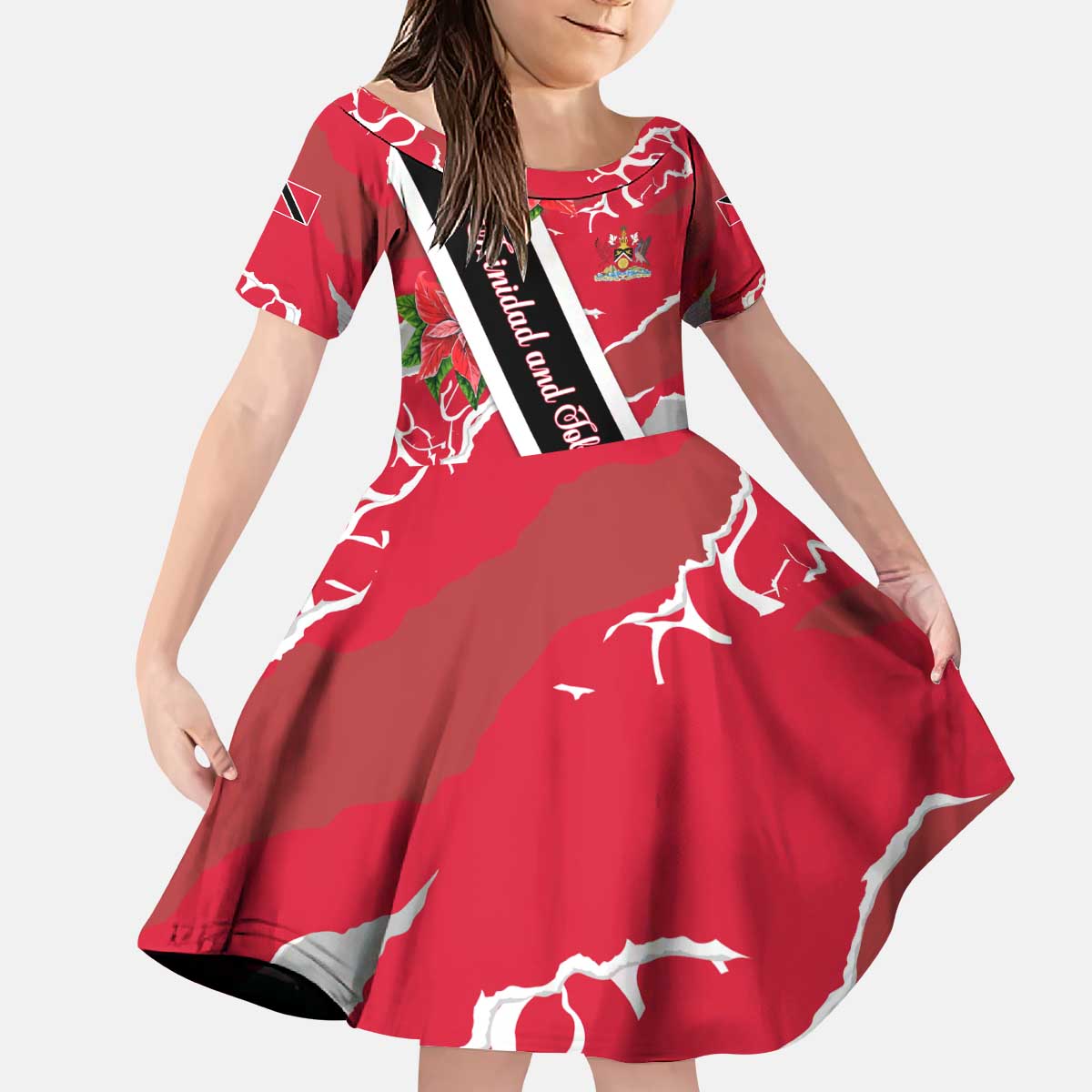 Trinidad and Tobago Red Poinsettia Kid Short Sleeve Dress with National Crest and Diagonal Flag Sash Design - Wonder Print Shop