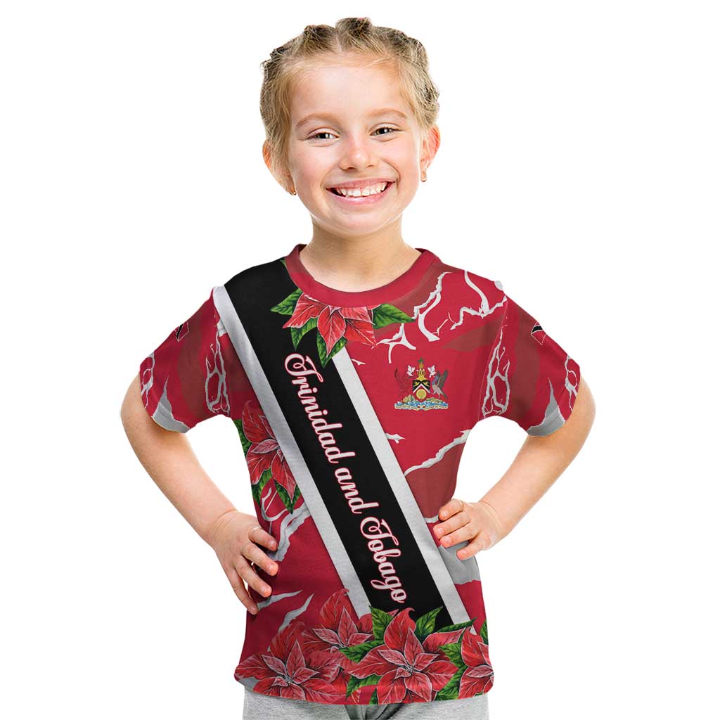 Trinidad and Tobago Red Poinsettia Kid T Shirt with National Crest and Diagonal Flag Sash Design - Wonder Print Shop