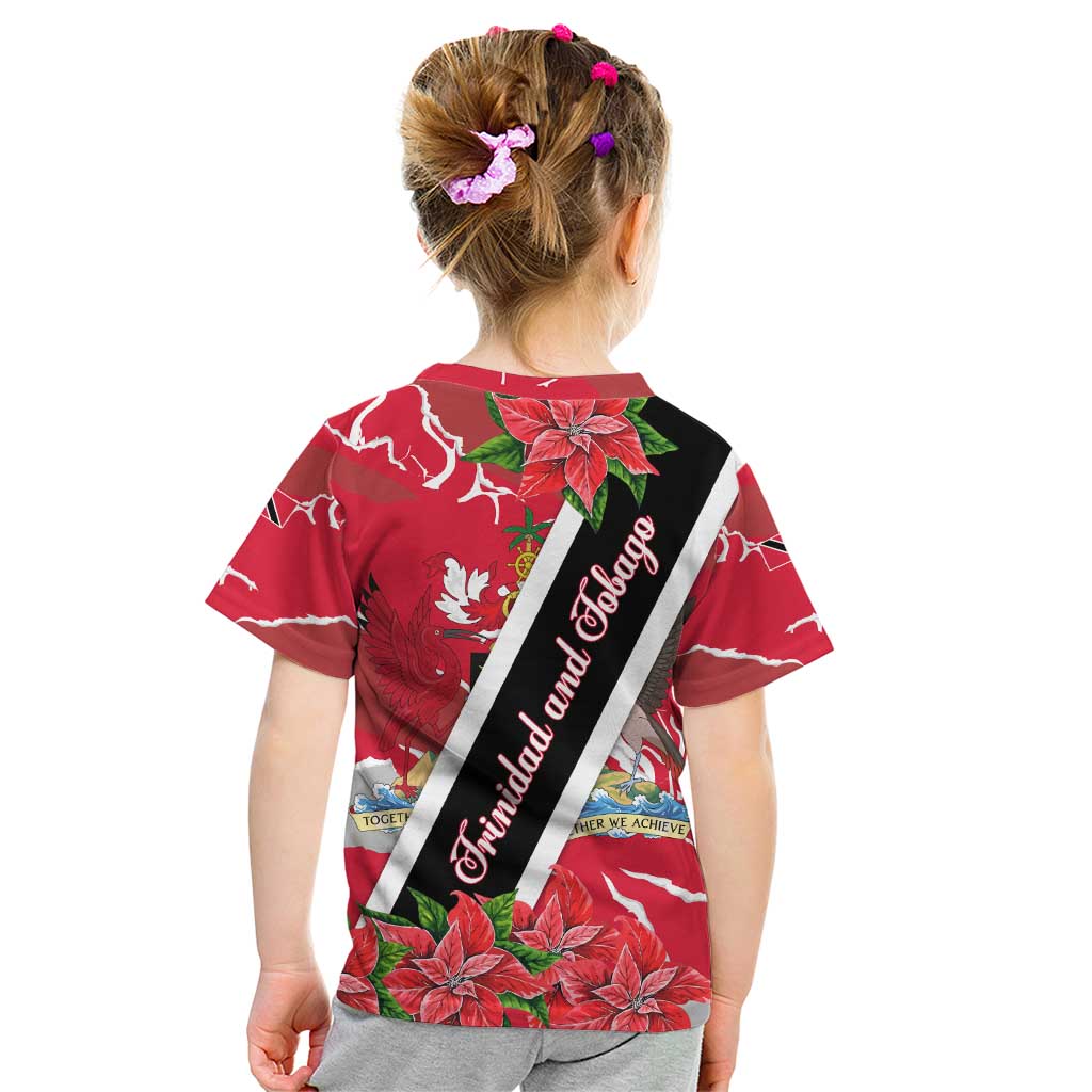 Trinidad and Tobago Red Poinsettia Kid T Shirt with National Crest and Diagonal Flag Sash Design - Wonder Print Shop