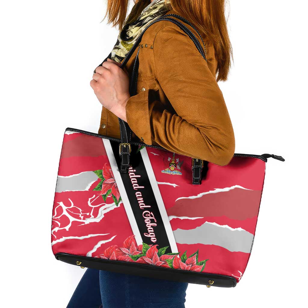 Trinidad and Tobago Red Poinsettia Leather Tote Bag with National Crest and Diagonal Flag Sash Design - Wonder Print Shop