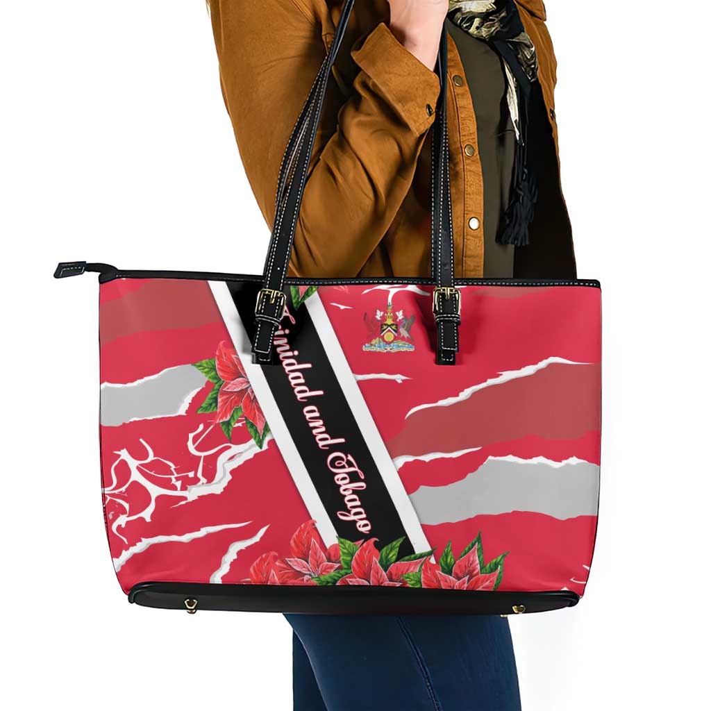 Trinidad and Tobago Red Poinsettia Leather Tote Bag with National Crest and Diagonal Flag Sash Design - Wonder Print Shop