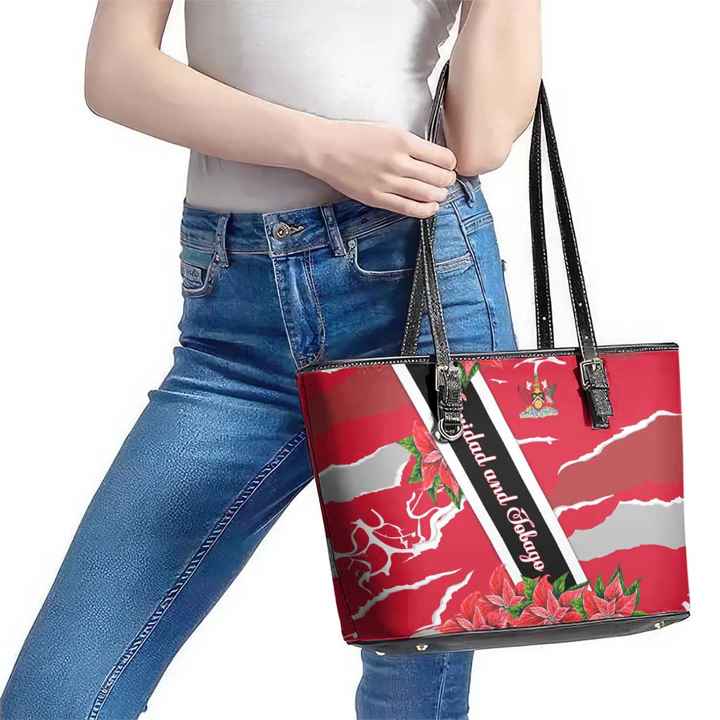 Trinidad and Tobago Red Poinsettia Leather Tote Bag with National Crest and Diagonal Flag Sash Design - Wonder Print Shop