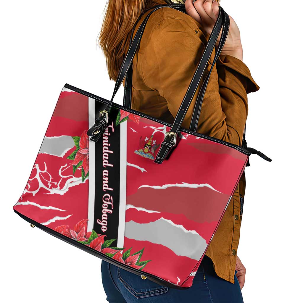 Trinidad and Tobago Red Poinsettia Leather Tote Bag with National Crest and Diagonal Flag Sash Design - Wonder Print Shop