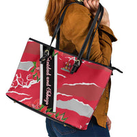 Trinidad and Tobago Red Poinsettia Leather Tote Bag with National Crest and Diagonal Flag Sash Design - Wonder Print Shop