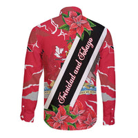 Trinidad and Tobago Red Poinsettia Long Sleeve Button Shirt with National Crest and Diagonal Flag Sash Design - Wonder Print Shop