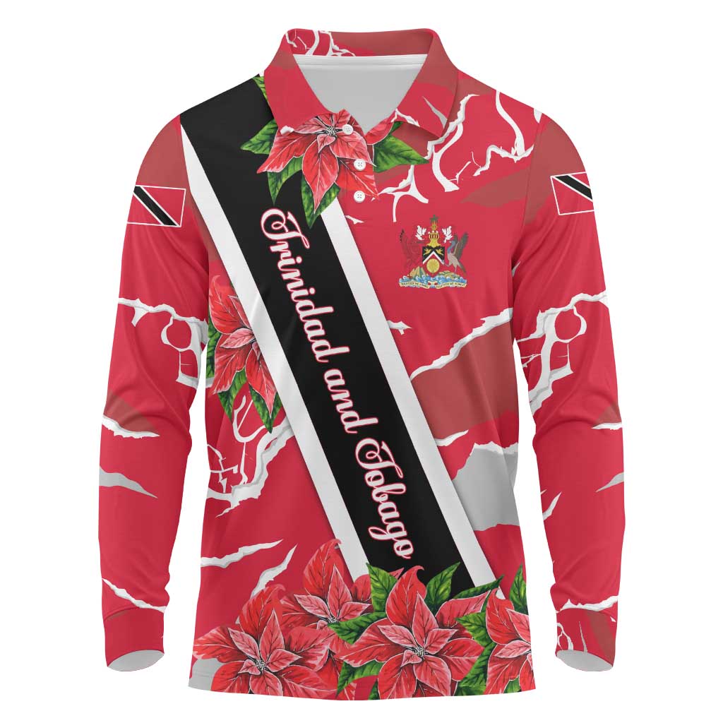 Trinidad and Tobago Red Poinsettia Long Sleeve Polo Shirt with National Crest and Diagonal Flag Sash Design - Wonder Print Shop