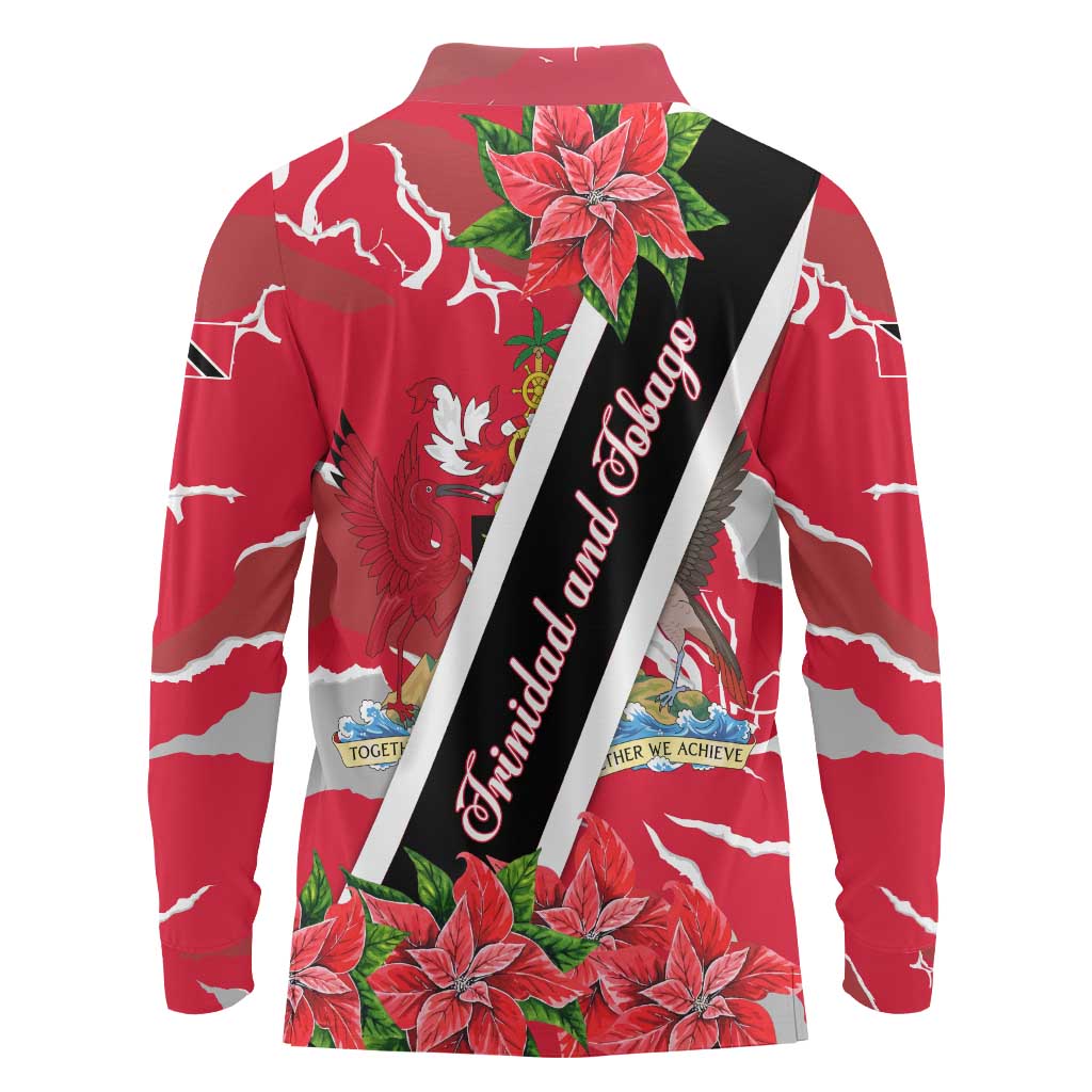 Trinidad and Tobago Red Poinsettia Long Sleeve Polo Shirt with National Crest and Diagonal Flag Sash Design - Wonder Print Shop