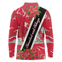 Trinidad and Tobago Red Poinsettia Long Sleeve Polo Shirt with National Crest and Diagonal Flag Sash Design - Wonder Print Shop