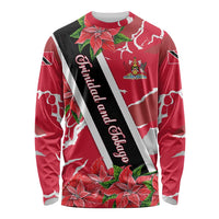 Trinidad and Tobago Red Poinsettia Long Sleeve Shirt with National Crest and Diagonal Flag Sash Design - Wonder Print Shop