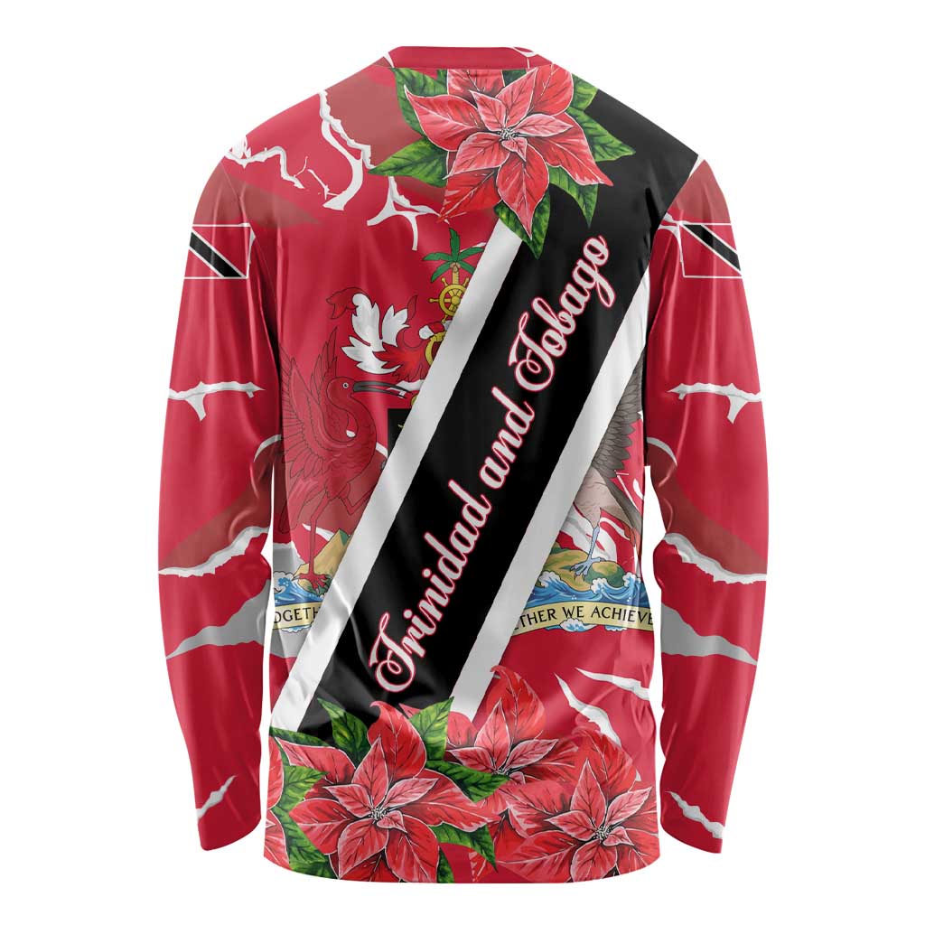 Trinidad and Tobago Red Poinsettia Long Sleeve Shirt with National Crest and Diagonal Flag Sash Design - Wonder Print Shop