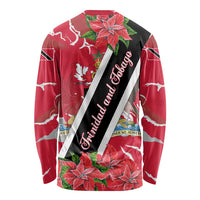 Trinidad and Tobago Red Poinsettia Long Sleeve Shirt with National Crest and Diagonal Flag Sash Design - Wonder Print Shop
