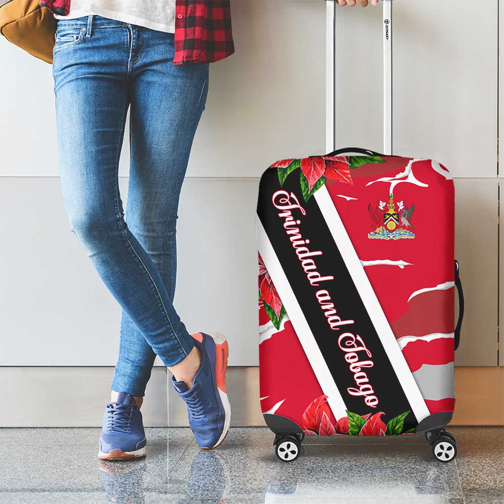 Trinidad and Tobago Red Poinsettia Luggage Cover with National Crest and Diagonal Flag Sash Design - Wonder Print Shop