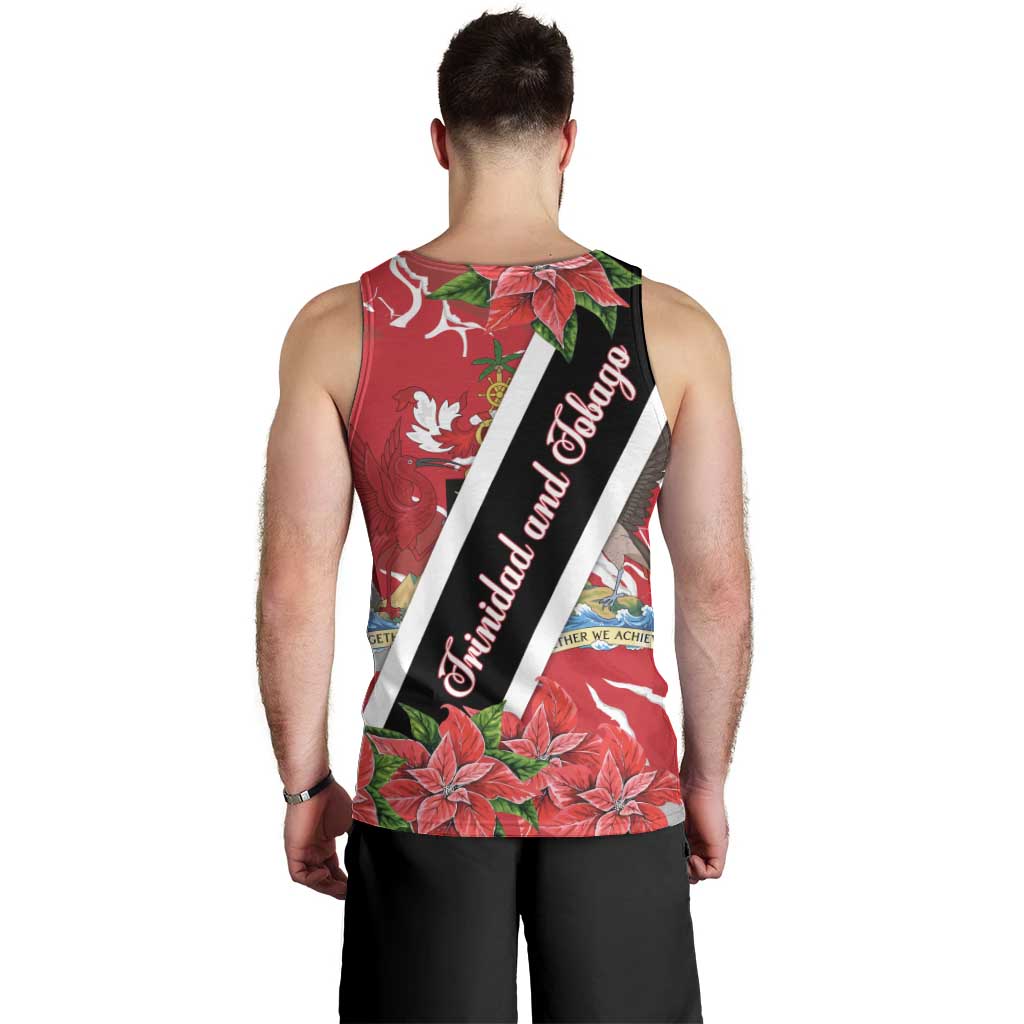 Trinidad and Tobago Red Poinsettia Men Tank Top with National Crest and Diagonal Flag Sash Design - Wonder Print Shop