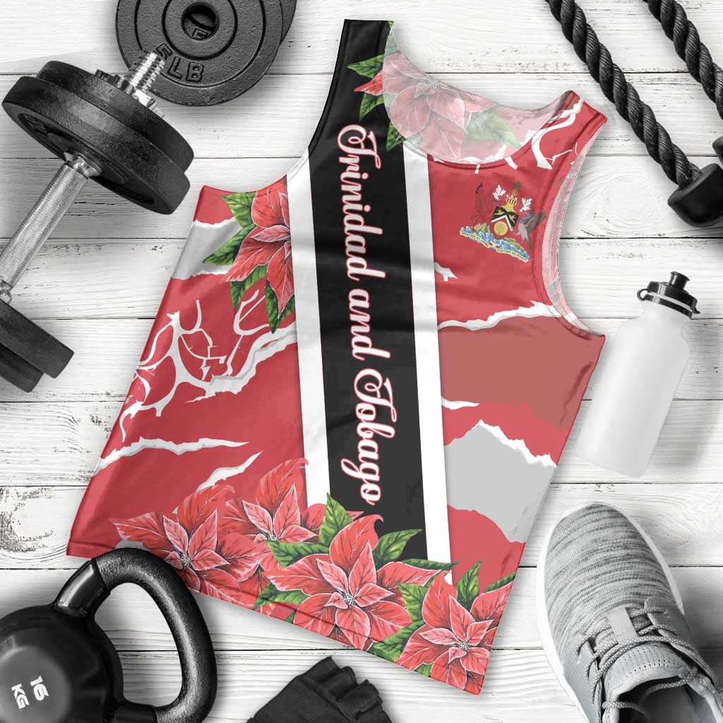 Trinidad and Tobago Red Poinsettia Men Tank Top with National Crest and Diagonal Flag Sash Design - Wonder Print Shop