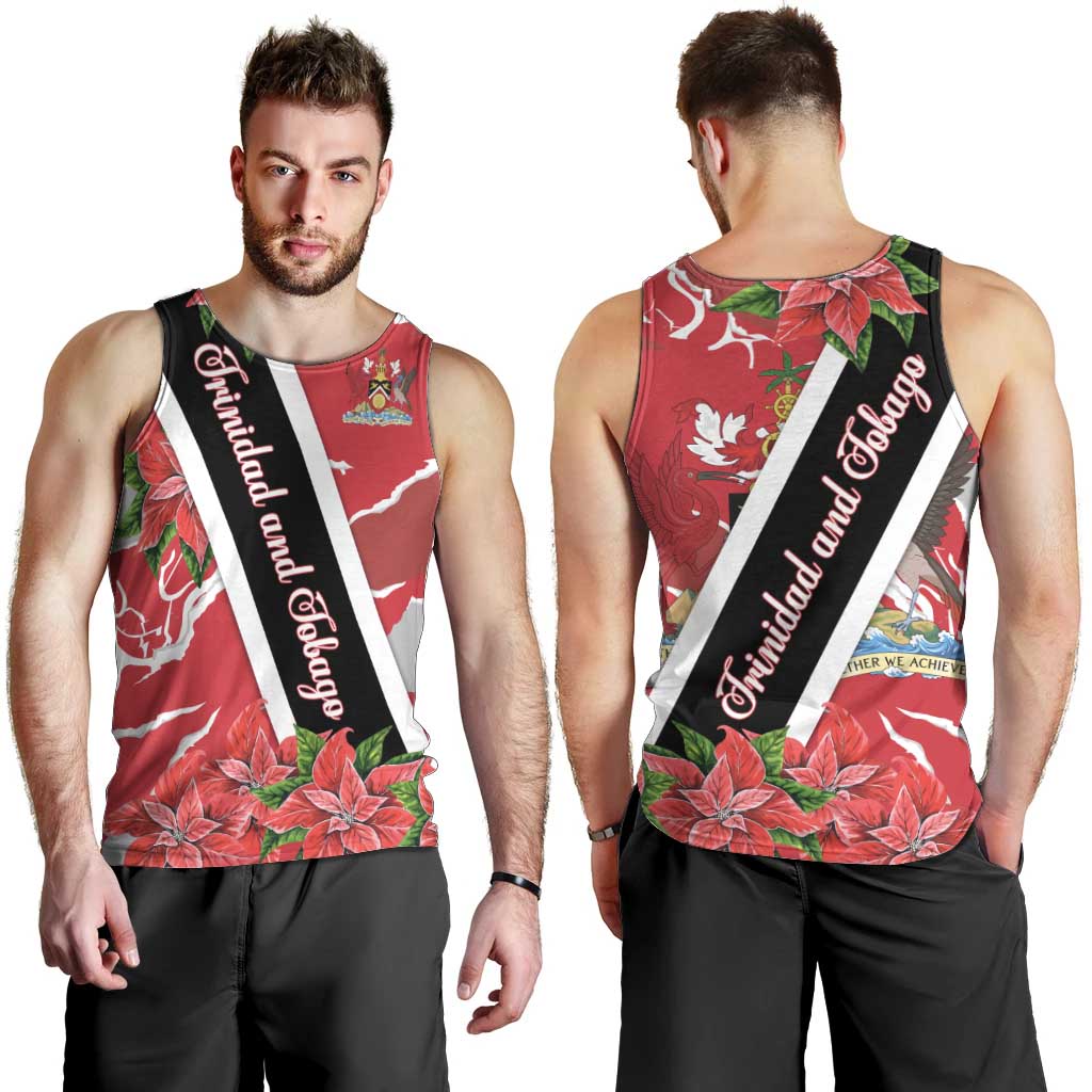 Trinidad and Tobago Red Poinsettia Men Tank Top with National Crest and Diagonal Flag Sash Design - Wonder Print Shop