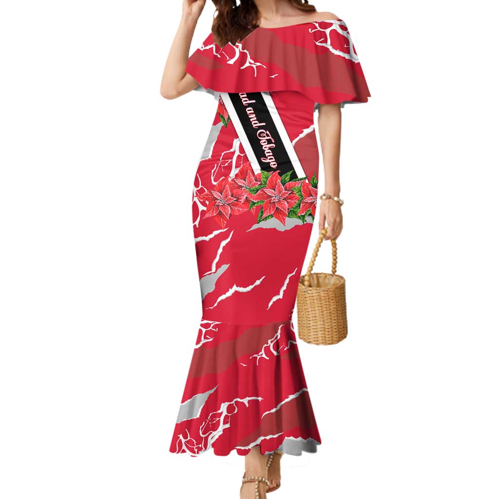Trinidad and Tobago Red Poinsettia Mermaid Dress with National Crest and Diagonal Flag Sash Design - Wonder Print Shop