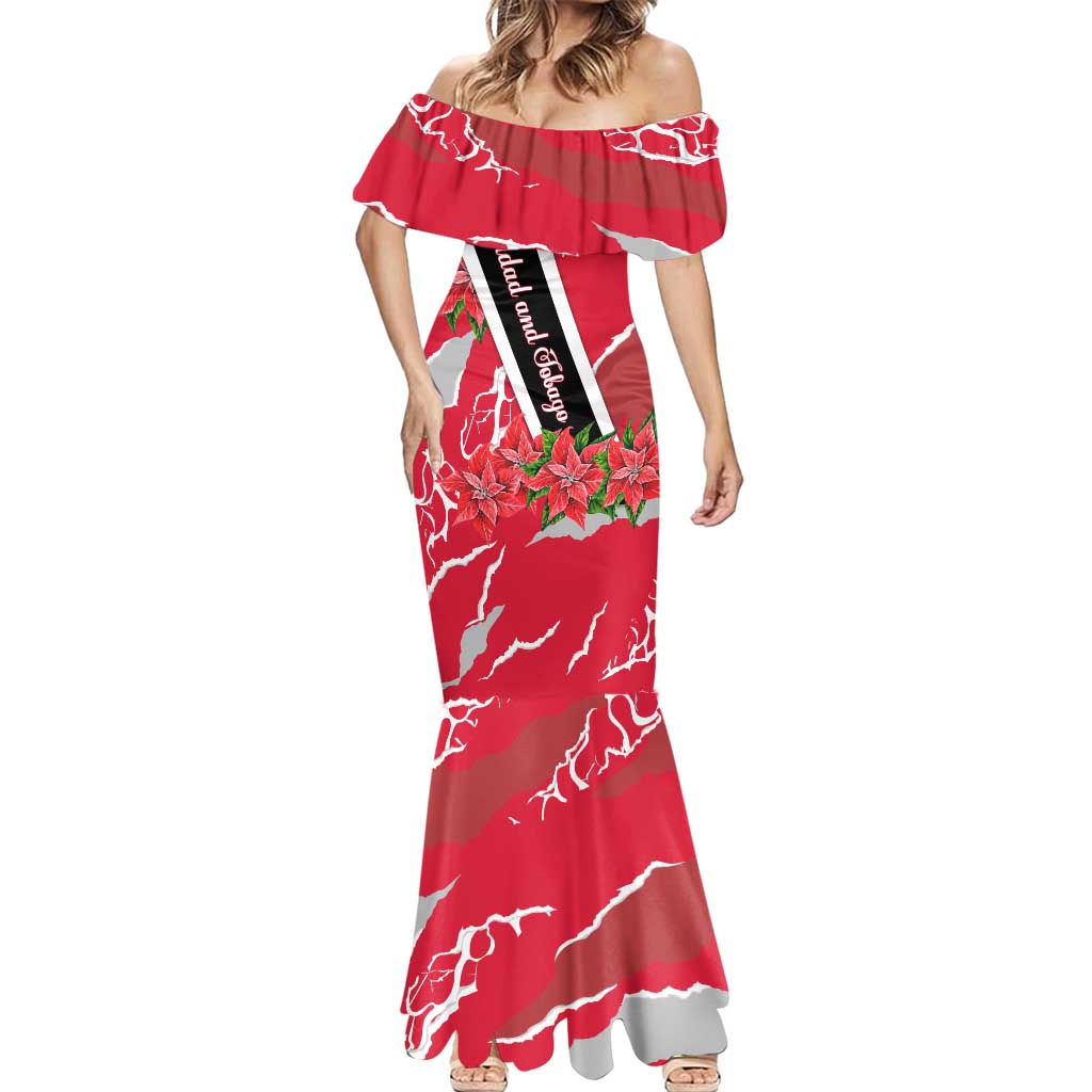 Trinidad and Tobago Red Poinsettia Mermaid Dress with National Crest and Diagonal Flag Sash Design - Wonder Print Shop