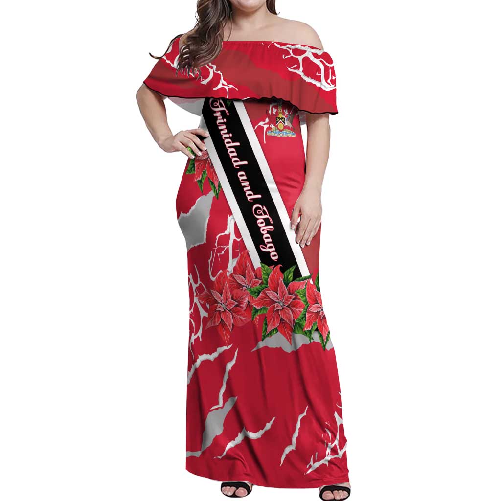 Trinidad and Tobago Red Poinsettia Off Shoulder Maxi Dress with National Crest and Diagonal Flag Sash Design - Wonder Print Shop