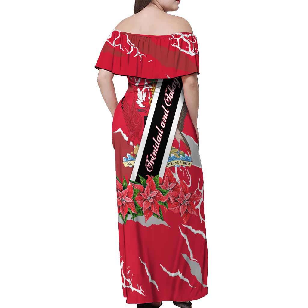 Trinidad and Tobago Red Poinsettia Off Shoulder Maxi Dress with National Crest and Diagonal Flag Sash Design - Wonder Print Shop
