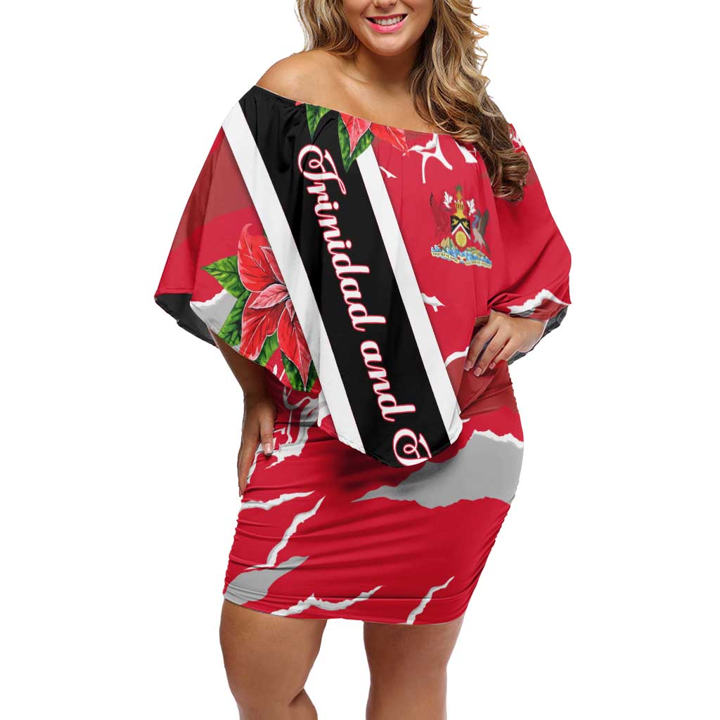 Trinidad and Tobago Red Poinsettia Off Shoulder Short Dress with National Crest and Diagonal Flag Sash Design - Wonder Print Shop
