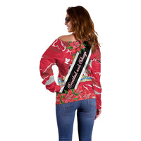 Trinidad and Tobago Red Poinsettia Off Shoulder Sweater with National Crest and Diagonal Flag Sash Design - Wonder Print Shop