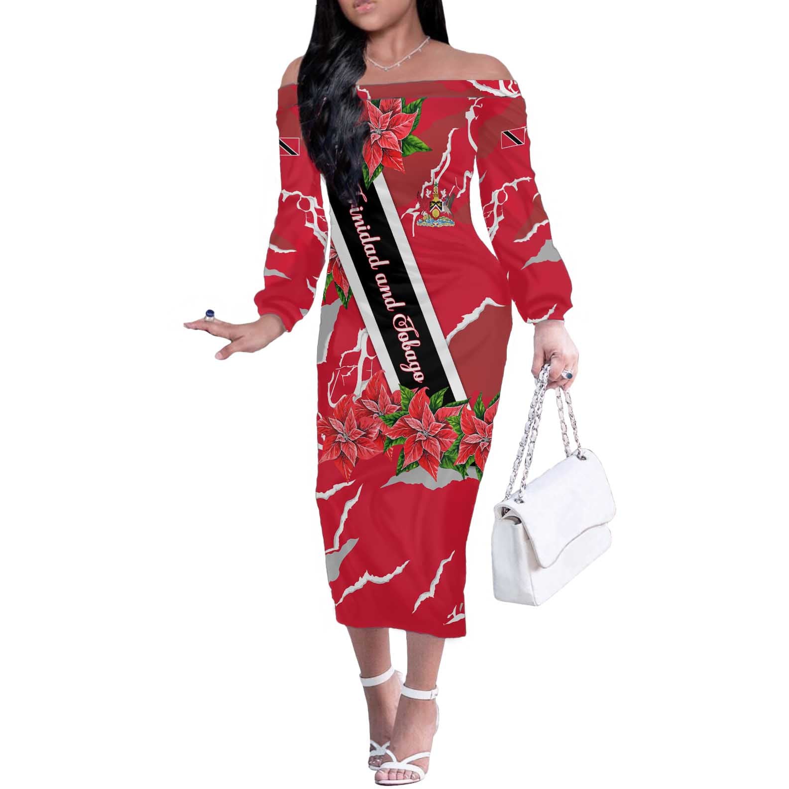 Trinidad and Tobago Red Poinsettia Off The Shoulder Long Sleeve Dress with National Crest and Diagonal Flag Sash Design - Wonder Print Shop