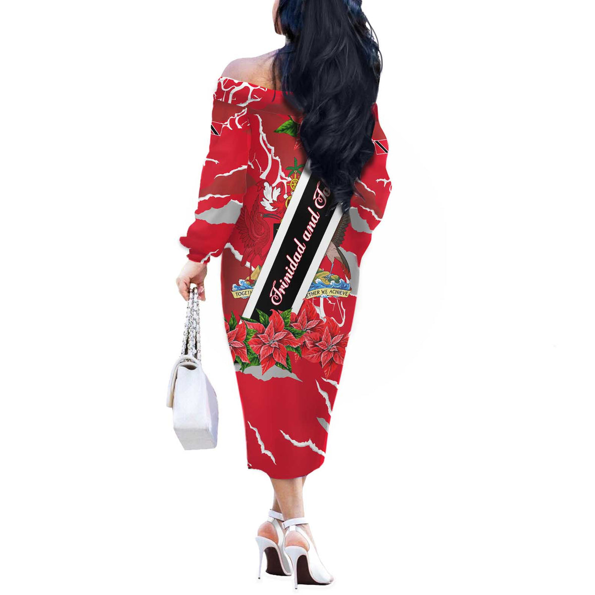 Trinidad and Tobago Red Poinsettia Off The Shoulder Long Sleeve Dress with National Crest and Diagonal Flag Sash Design - Wonder Print Shop