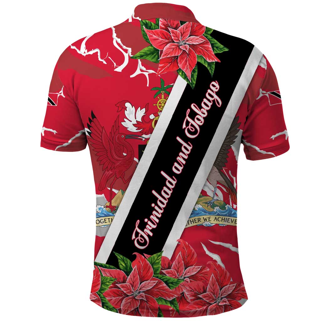 Trinidad and Tobago Red Poinsettia Polo Shirt with National Crest and Diagonal Flag Sash Design - Wonder Print Shop