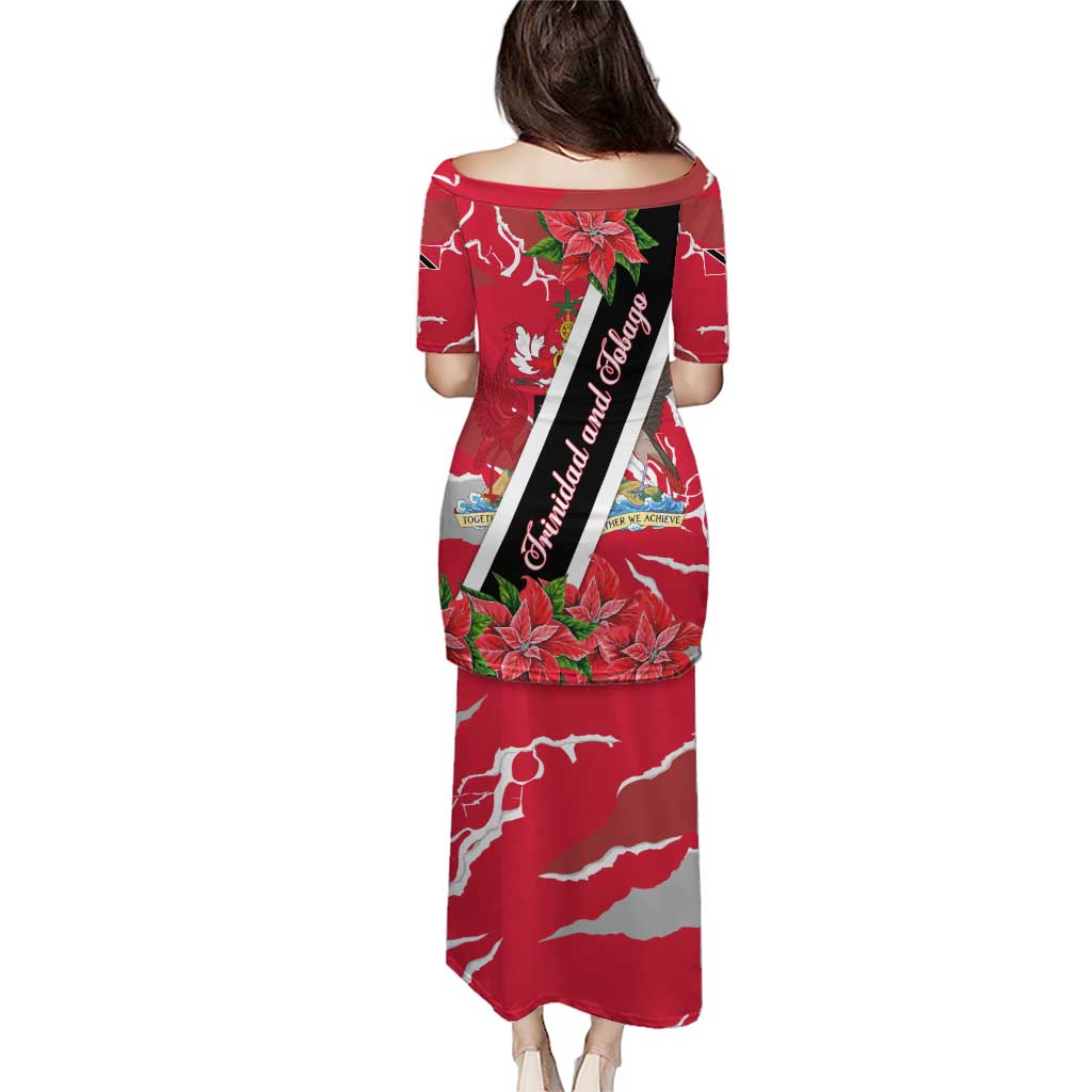 Trinidad and Tobago Red Poinsettia Puletasi with National Crest and Diagonal Flag Sash Design - Wonder Print Shop