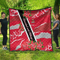 Trinidad and Tobago Red Poinsettia Quilt with National Crest and Diagonal Flag Sash Design - Wonder Print Shop