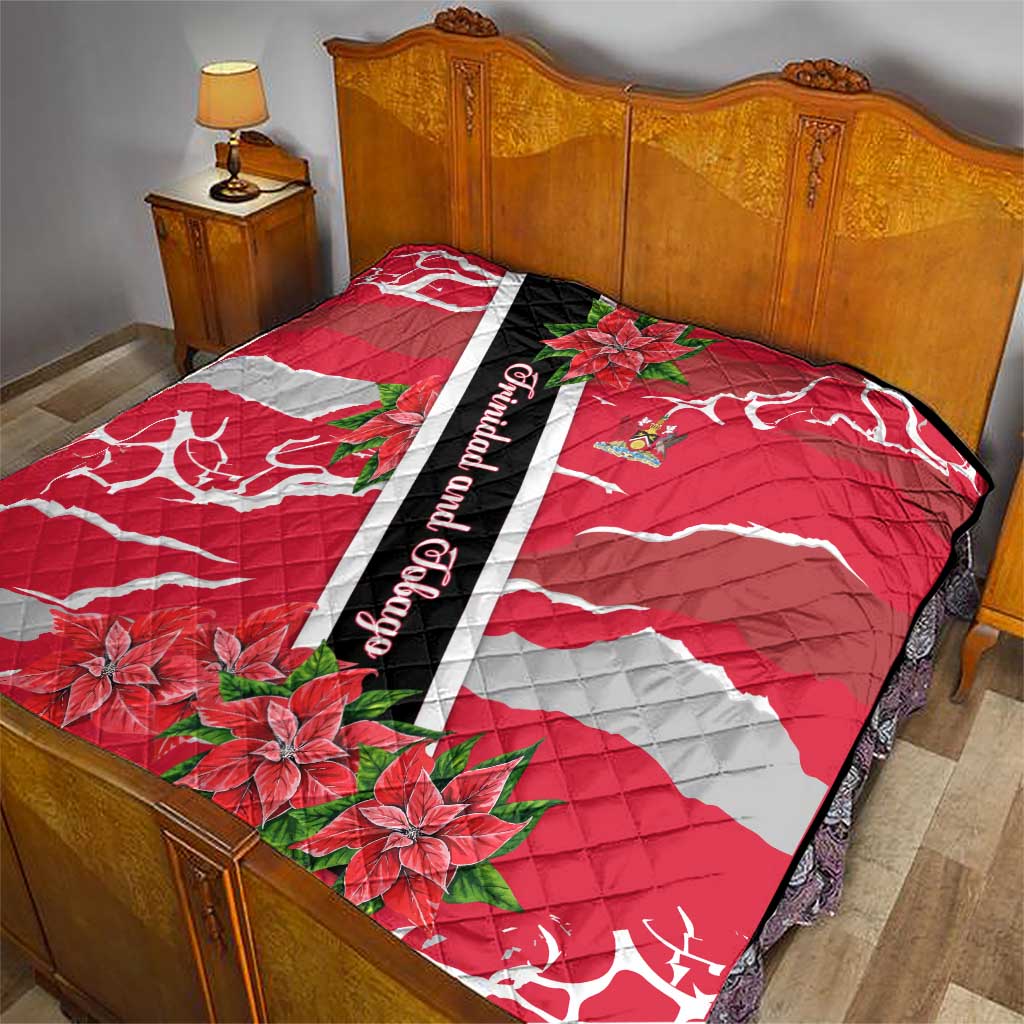 Trinidad and Tobago Red Poinsettia Quilt with National Crest and Diagonal Flag Sash Design - Wonder Print Shop