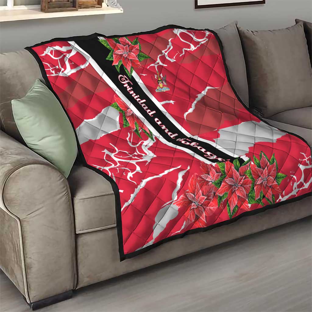 Trinidad and Tobago Red Poinsettia Quilt with National Crest and Diagonal Flag Sash Design - Wonder Print Shop