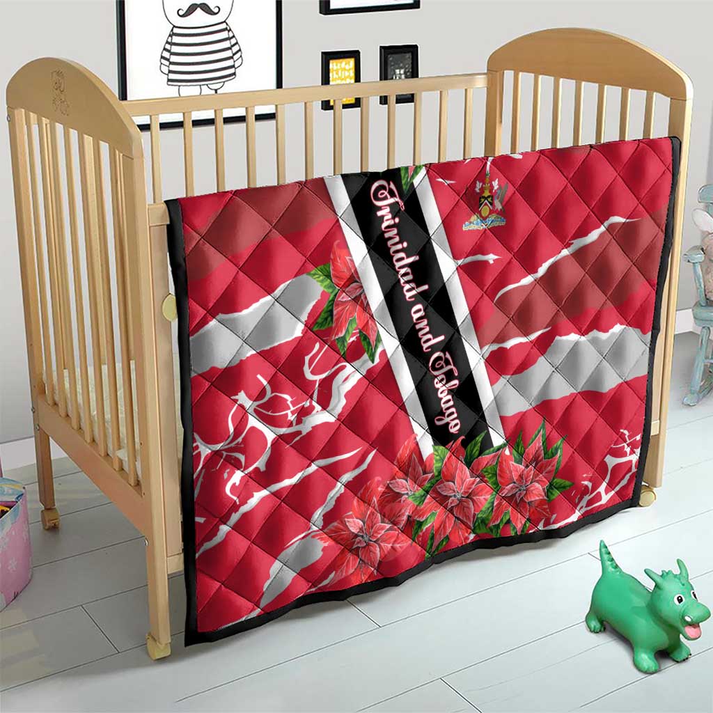 Trinidad and Tobago Red Poinsettia Quilt with National Crest and Diagonal Flag Sash Design - Wonder Print Shop