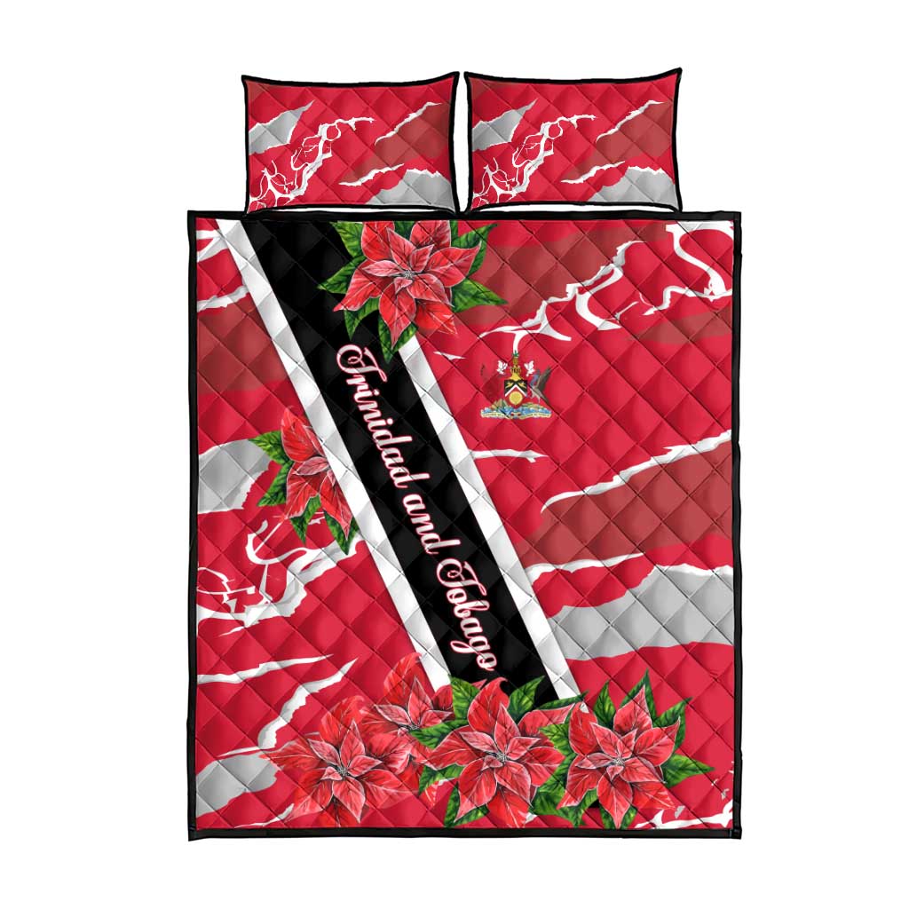 Trinidad and Tobago Red Poinsettia Quilt Bed Set with National Crest and Diagonal Flag Sash Design - Wonder Print Shop