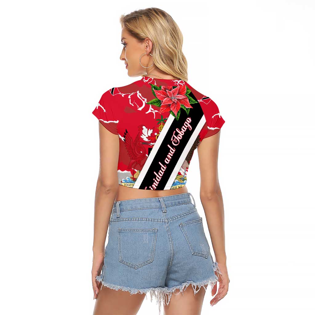 Trinidad and Tobago Red Poinsettia Raglan Cropped T Shirt with National Crest and Diagonal Flag Sash Design - Wonder Print Shop